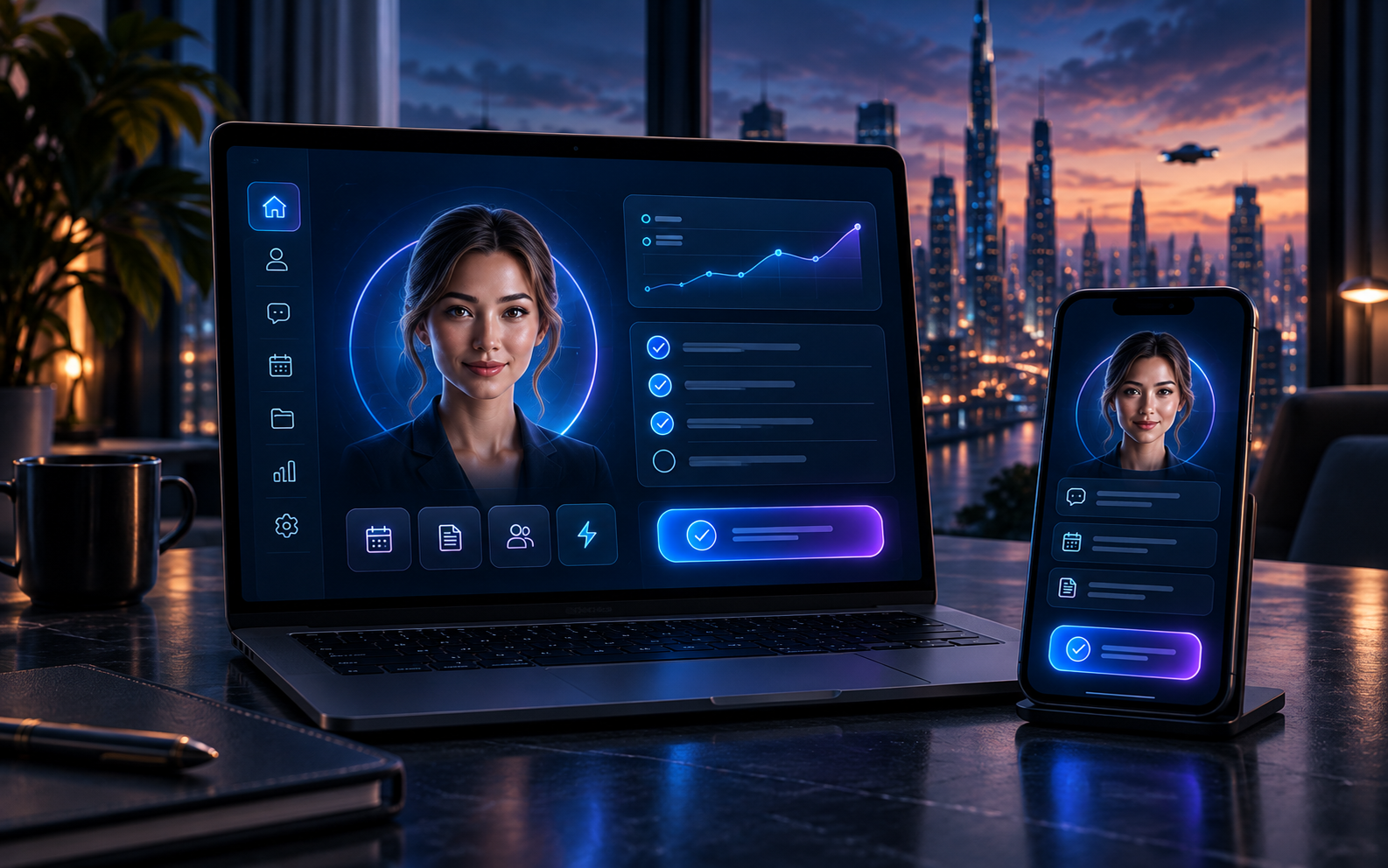 Concept illustration of an Avatarie digital twin on laptop and mobile